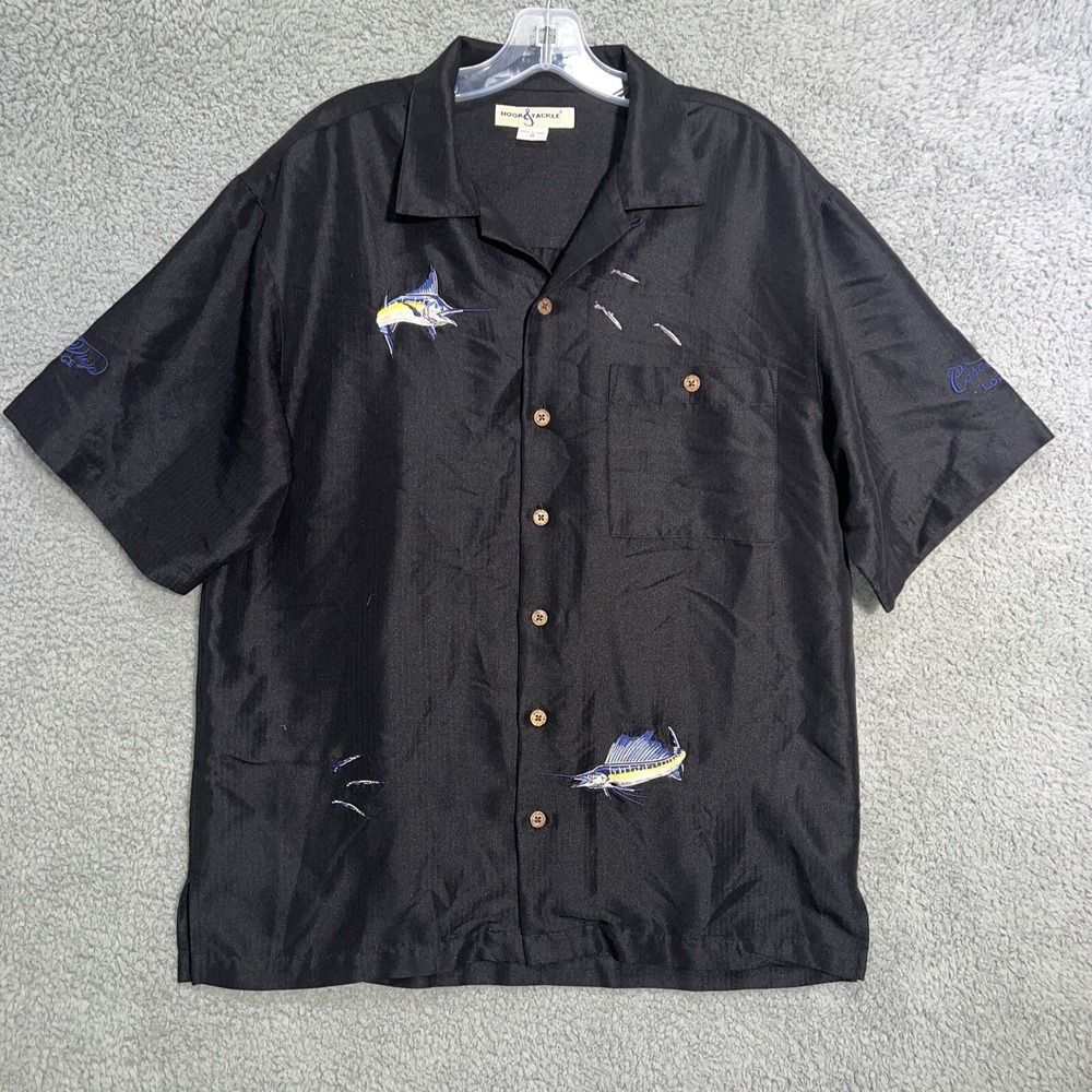 Hook & Tackle Shirt Men's Sz L Black Embroidered Fish Button Up Short Sleeve